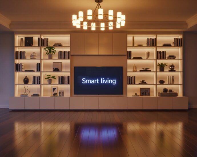 Modern living room with elegant lighting, hardwood floors, and built-in shelving — representing smart home upgrades that increase property value.