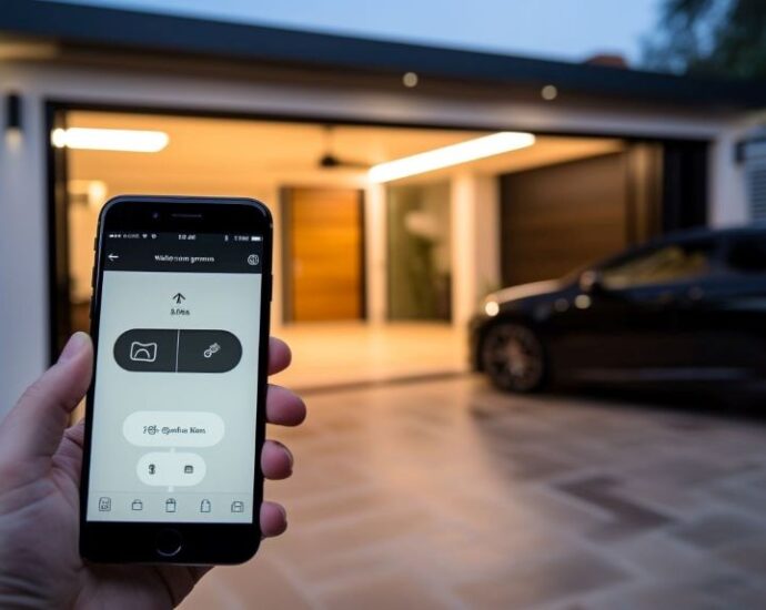 Modern smart garage door system with keypad and smartphone control, highlighting top features and benefits for 2025
