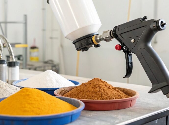 A professional powder coating gun spraying a specialty powder onto a metal part in a workshop setting.