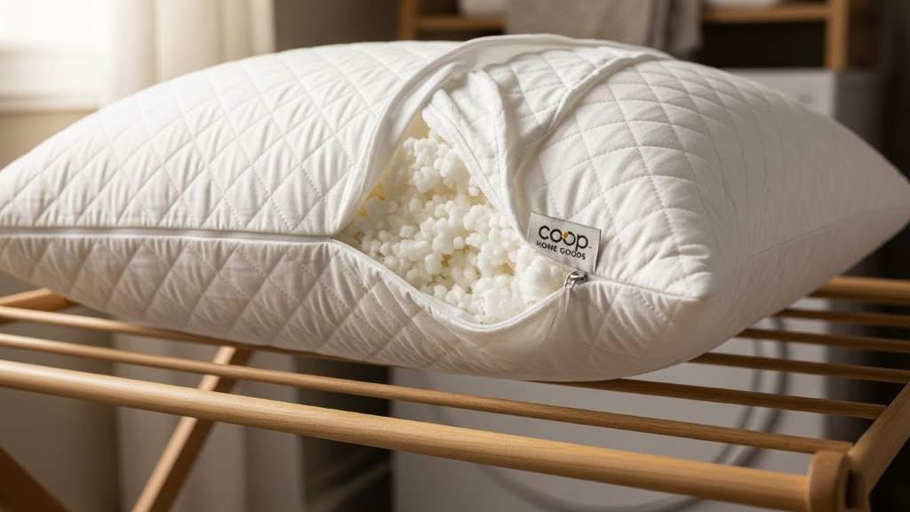 Coop Home Goods pillow freshly washed and fluffed on drying rack showing easy care design