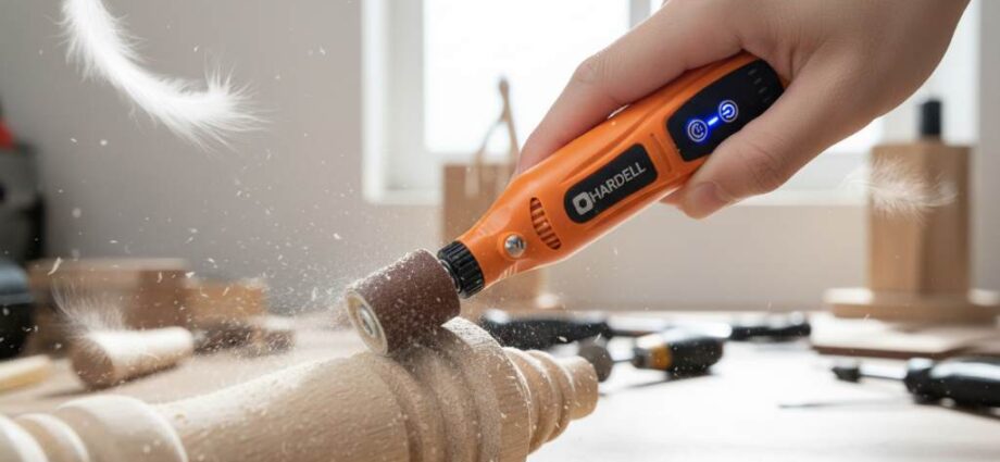 HARDELL 4V rotary tool with sanding accessory smoothing wooden surface