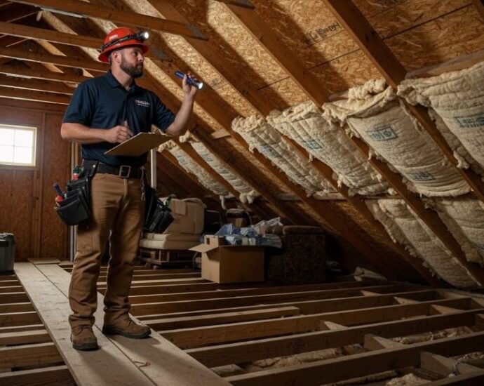 Professional roofing contractor inspecting attic insulation and ventilation for ice dam prevention in residential home