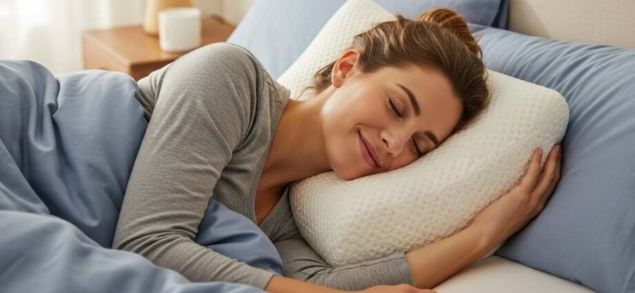 Side sleeper smiling in bed with Coop Home Goods Original Adjustable Pillow supporting perfect neck alignment