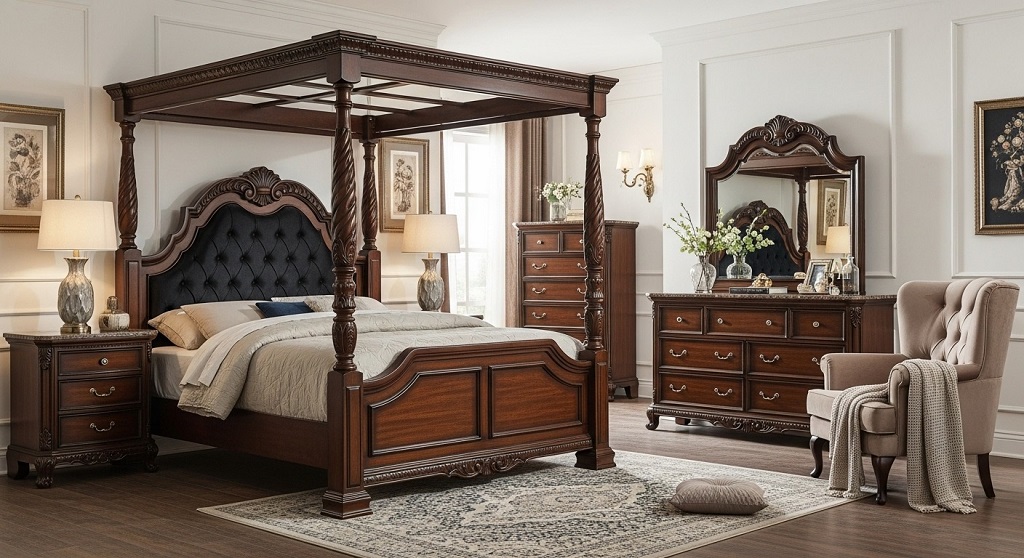 Queen bedroom set layout in a medium-sized bedroom