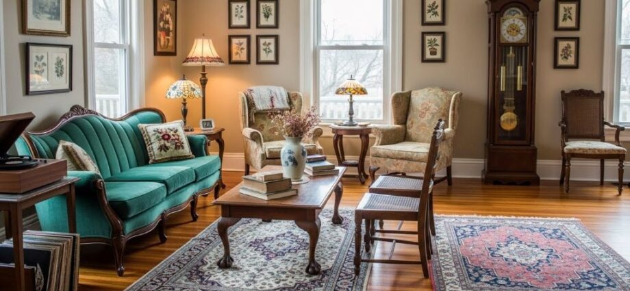 Vintage living room with restored hardwood floors, neutral painted walls, and antique furniture from thrift stores