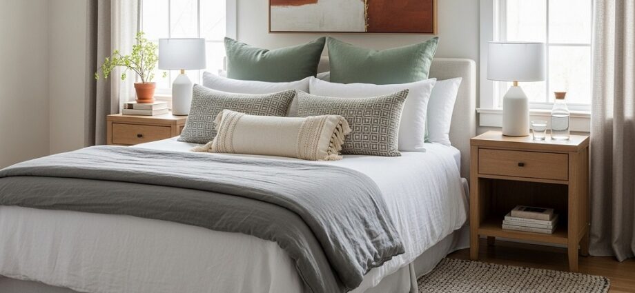 King size bedroom set styled with neutral bedding