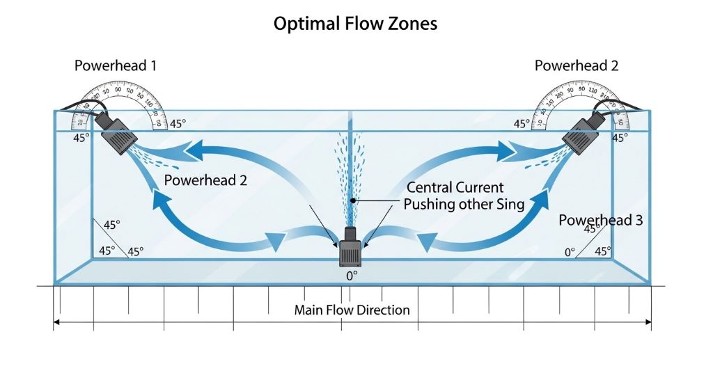 Strategic powerhead placement diagram showing optimal positioning angles for maximum water circulation in rectangular aquarium tank