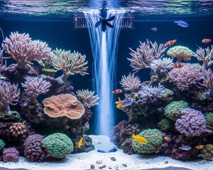 High-flow powerhead mounted inside reef aquarium creating water circulation to eliminate dead zones and support coral health