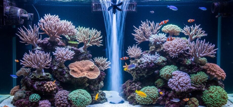 High-flow powerhead mounted inside reef aquarium creating water circulation to eliminate dead zones and support coral health