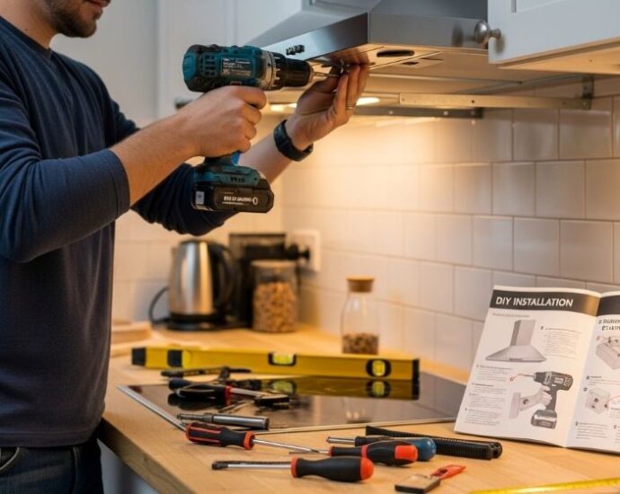 Person installing under-cabinet range hood with mounting bracket and drill while following DIY kitchen ventilation installation steps