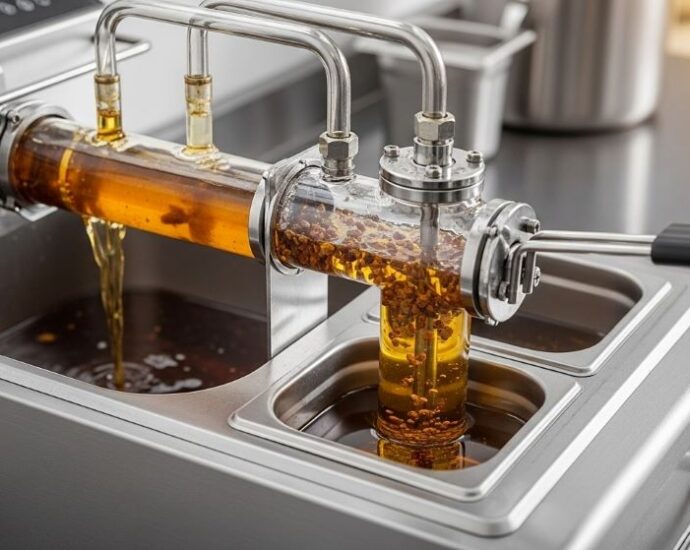 Deep fryer with built-in filtration system removing food particles from used cooking oil for safe reuse