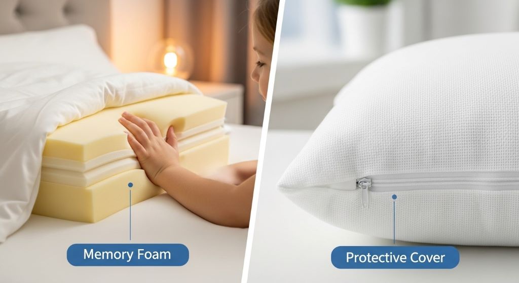 Comparison of allergy-resistant pillow materials including memory foam and protective covers for kids
