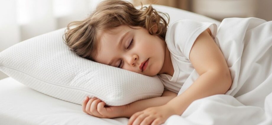 Child sleeping peacefully on hypoallergenic pillow designed to block dust mites and allergens