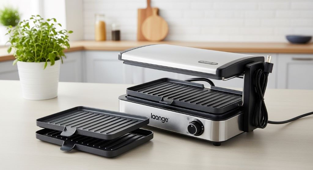 Space-saving electric grill with removable plates for easy storage