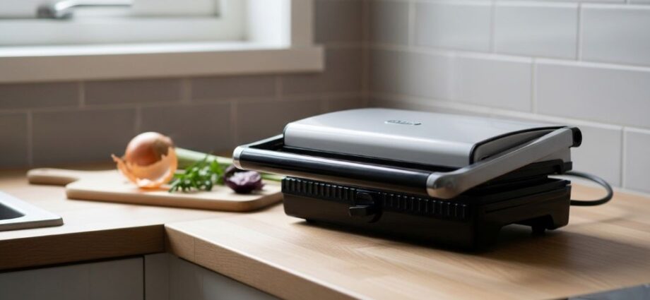 Compact contact grill on small kitchen counter next to cutting board