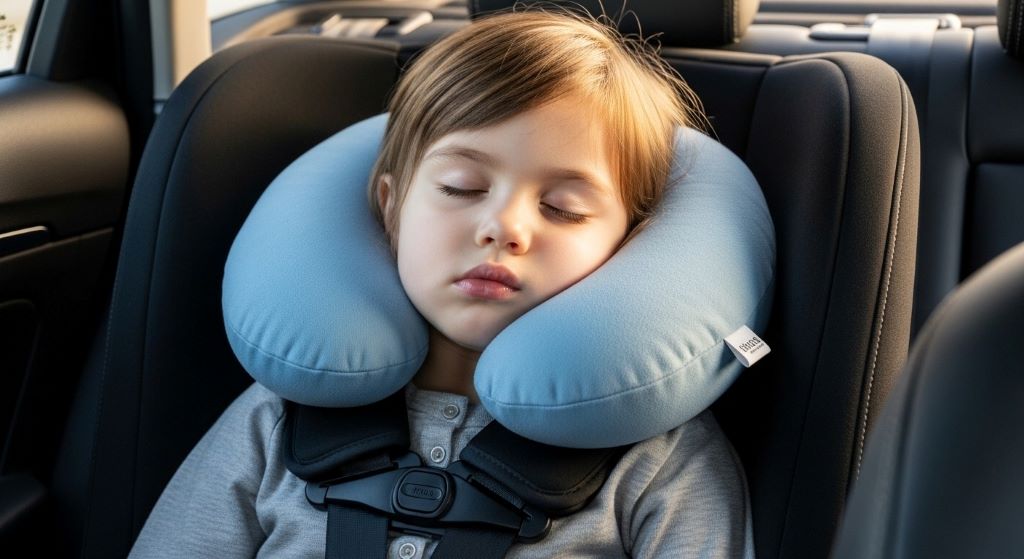 Young child resting peacefully with supportive travel pillow in car seat