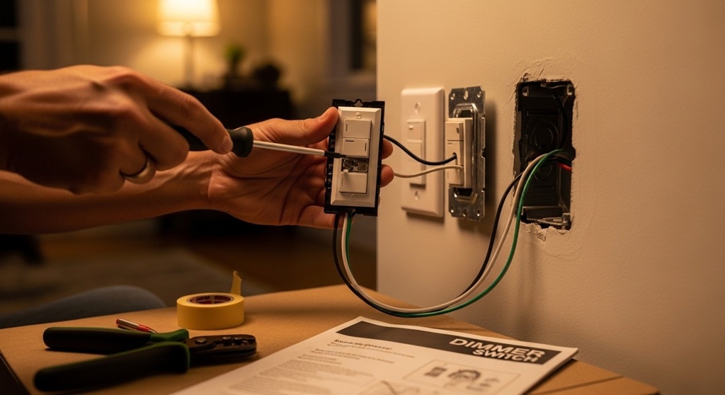 Homeowner replacing standard light switch with dimmer switch