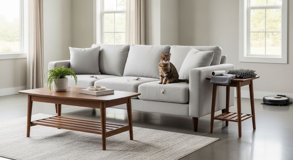 A clean modern home interior with a cat sitting on a fur-free couch, representing effective daily cleaning hacks for pet owners