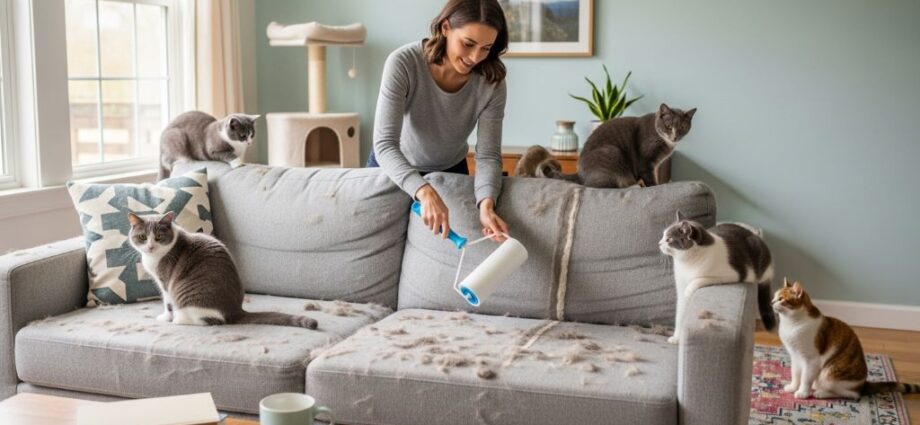 A woman using a lint roller on a sofa covered in cat hair, demonstrating cat hair removal tips in a bright living room