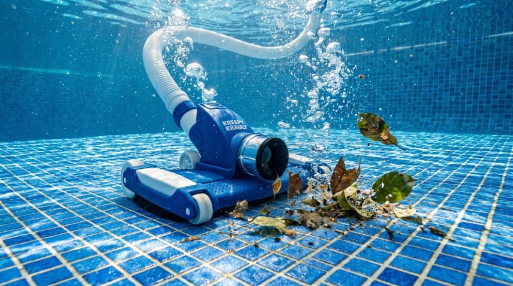 handheld pool vacuum removing dirt from pool floor