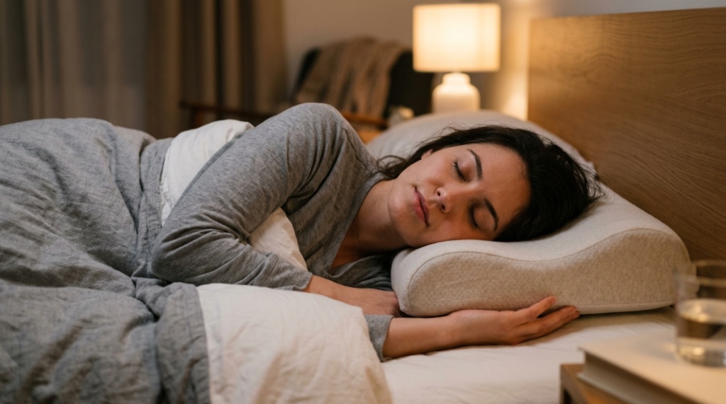 A person sleeping comfortably on their side using a contour memory foam pillow for neck support.