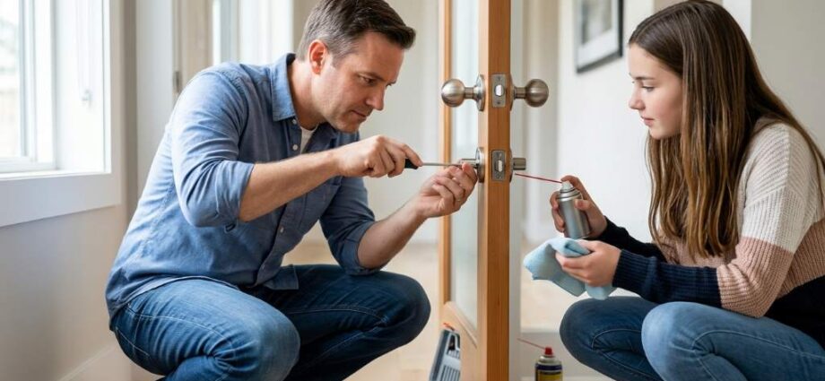 Family fixing a stuck bathroom privacy door lock inside a Seattle home during rainy weather
