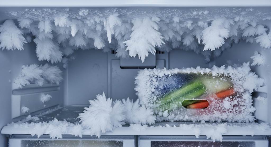 Frozen food with visible ice crystal formation in freezer