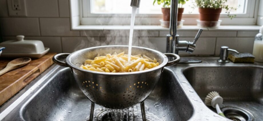 Stainless steel footed colander draining freshly cooked pasta in a kitchen sink under running water