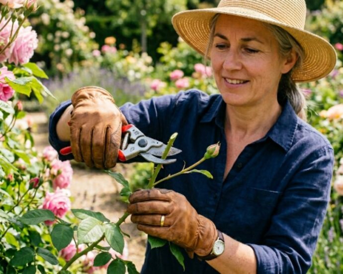 Gardener using bypass pruners to make a clean angled cut above a bud on a rose stem in a sunny garden