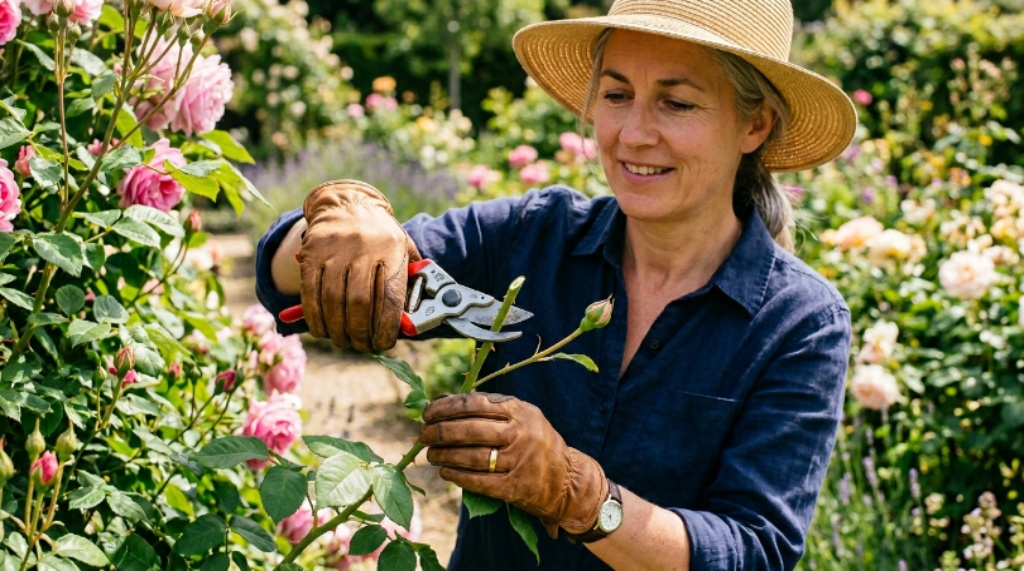 Gardener using bypass pruners to make a clean angled cut above a bud on a rose stem in a sunny garden