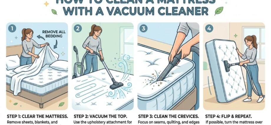 Vacuuming mattress surface using upholstery attachment to remove dust mites