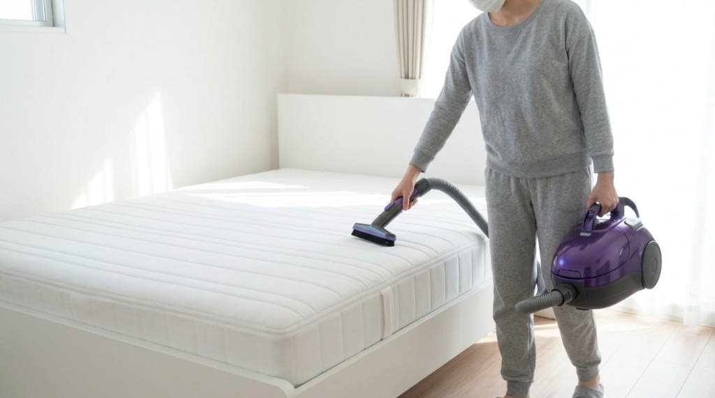 Sprinkling baking soda on mattress before vacuum cleaning process