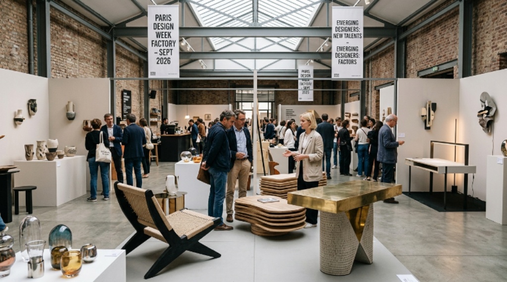 Emerging designers showcasing handcrafted furniture and collectible objects at Paris Design Week Factory in the Galeries Joseph, Marais district, September 2026