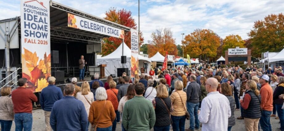 A crowd of Triangle-area homeowners gathering around the Celebrity Stage at the Fairgrounds Southern Ideal Home Show Fall 2026 at the North Carolina State Fairgrounds in Raleigh, NC