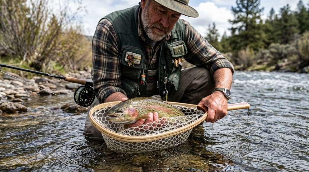Angler lowering a soft rubber net to release a fish back into a river.