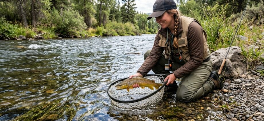Trout resting safely inside a knotless rubber landing net in shallow river water.