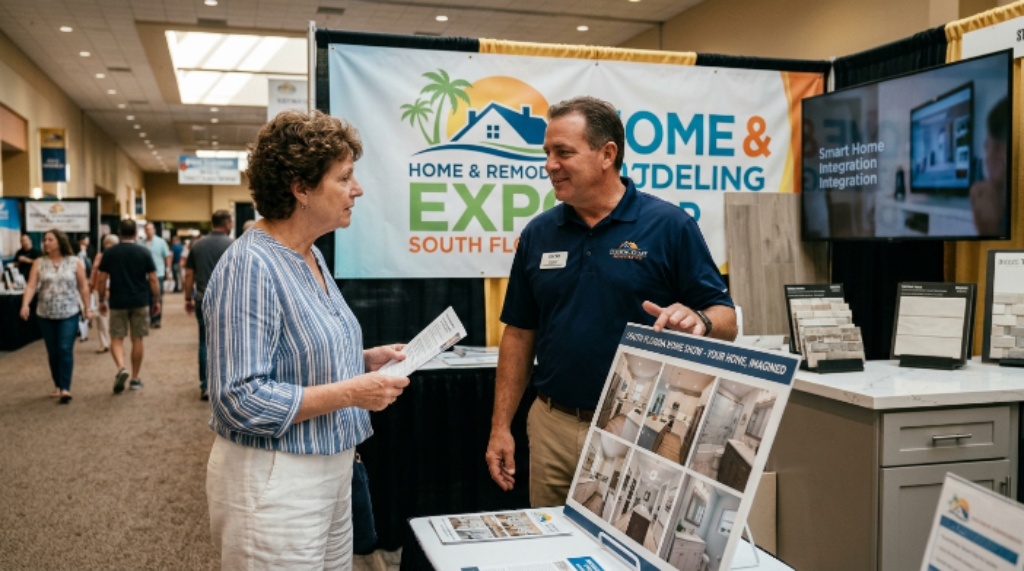 Homeowner talking to remodeling contractor at South Florida home show booth