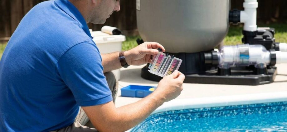 Saltwater pool cell inspection in San Diego backyard pool