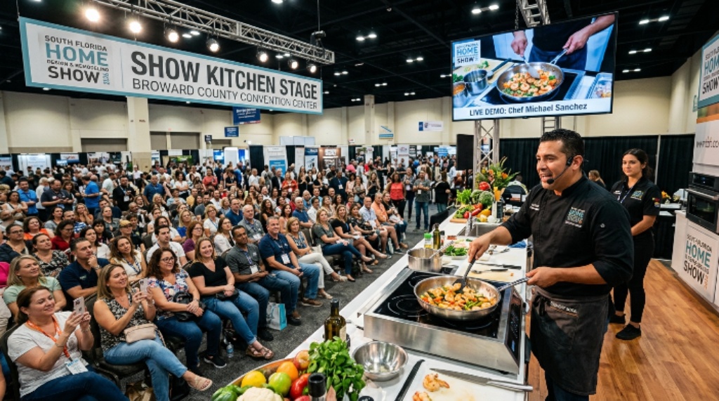 A live culinary chef demonstration on the show kitchen stage at the South Florida Home Design and Remodeling Show 2026 at the Broward County Convention Center