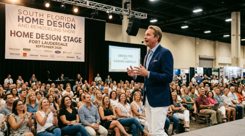 Carson Kressley speaking on the Home Design Stage to a crowd of visitors at the South Florida Home Design and Remodeling Show in Fort Lauderdale, September 2026