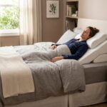 Person sleeping comfortably on an elevated adjustable wedge pillow on a neatly made bed.