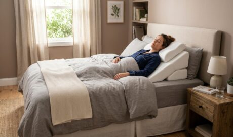 Person sleeping comfortably on an elevated adjustable wedge pillow on a neatly made bed.