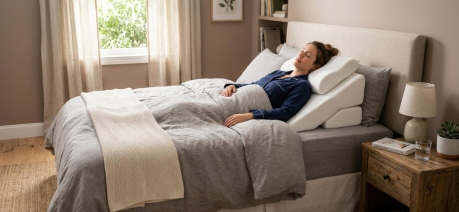 Person sleeping comfortably on an elevated adjustable wedge pillow on a neatly made bed.