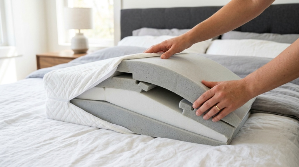 Hands adjusting the modular sections of a multi-layer wedge pillow on a mattress.