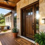 Ring video doorbell mounted on a sunny Texas home porch.