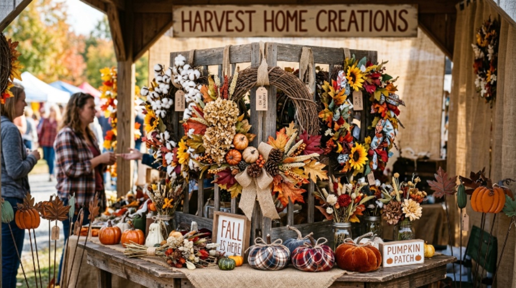 Close-up of handcrafted wreaths and fall garden decorations displayed at a Maryland craft vendor booth