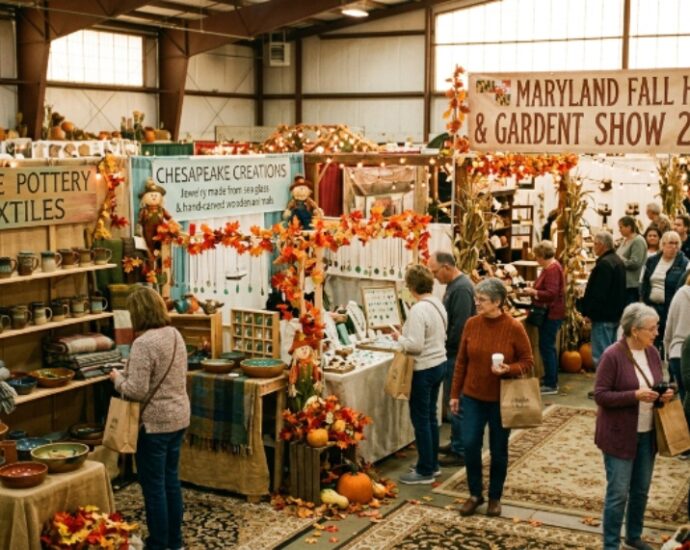Colorful handmade craft booths at the Maryland Fall Home and Garden Craft Show 2026 with autumn decorations