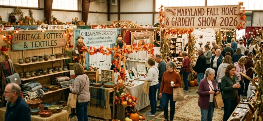 Colorful handmade craft booths at the Maryland Fall Home and Garden Craft Show 2026 with autumn decorations