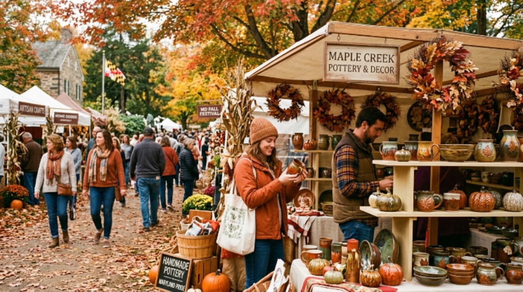 Visitors browsing artisan pottery and seasonal home décor at an outdoor fall craft show in Maryland