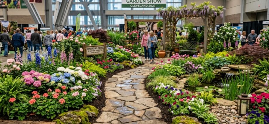 Indoor garden display with flowering plants and stone pathway at the Great Big Home and Garden Show 2027 in Cleveland